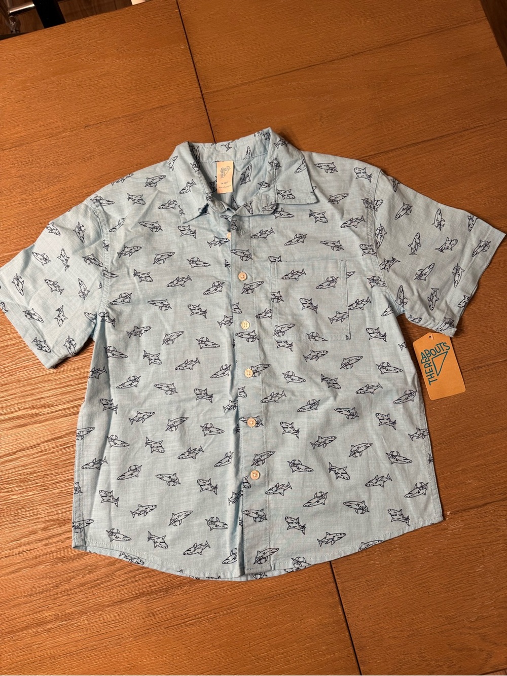Boys Light Blue Shark Print Short-Sleeve Button-Down Shirt M 10/12